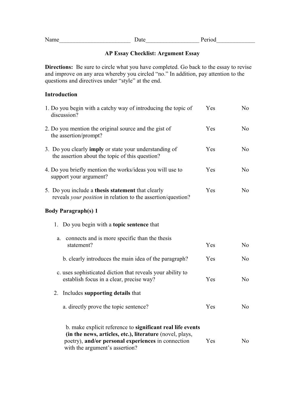 AP Essay Checklist: Argument Essay