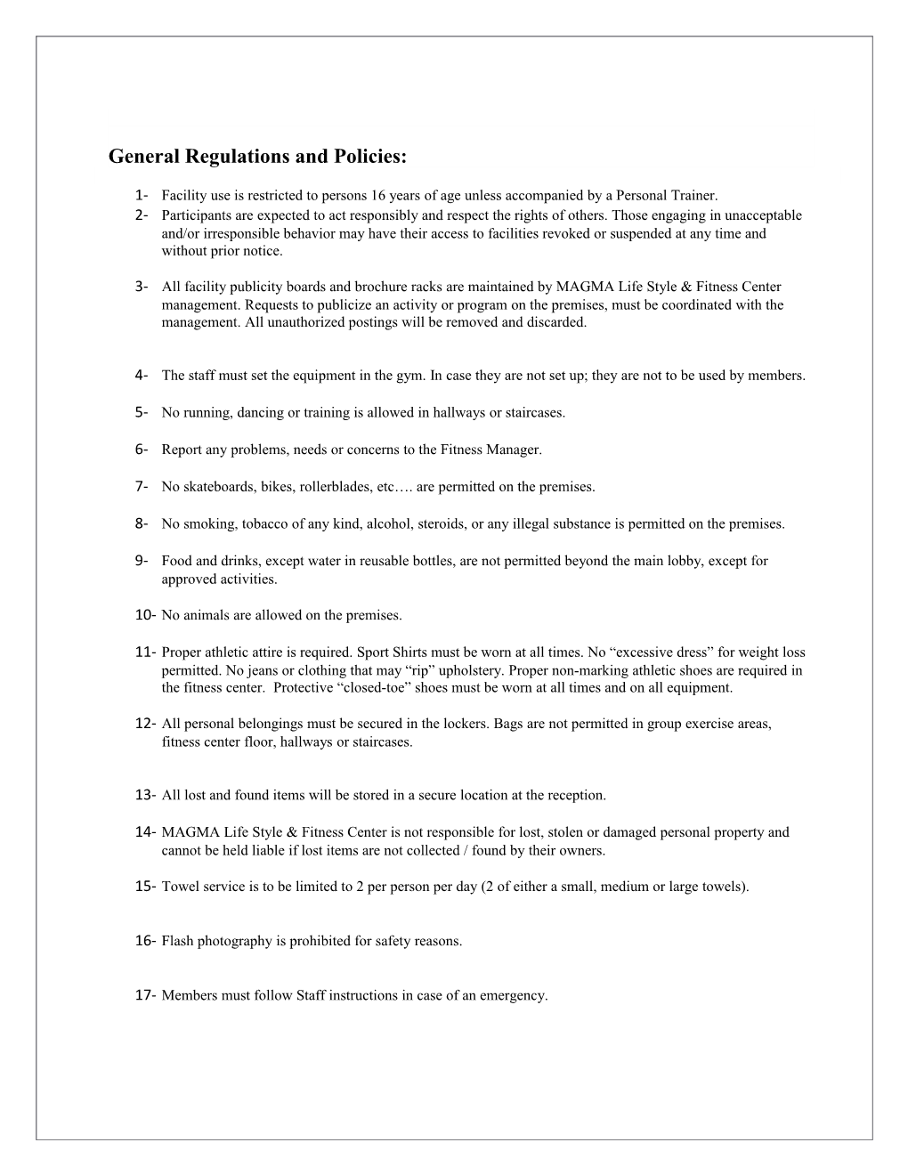 Magma Gym Regulations and Policies