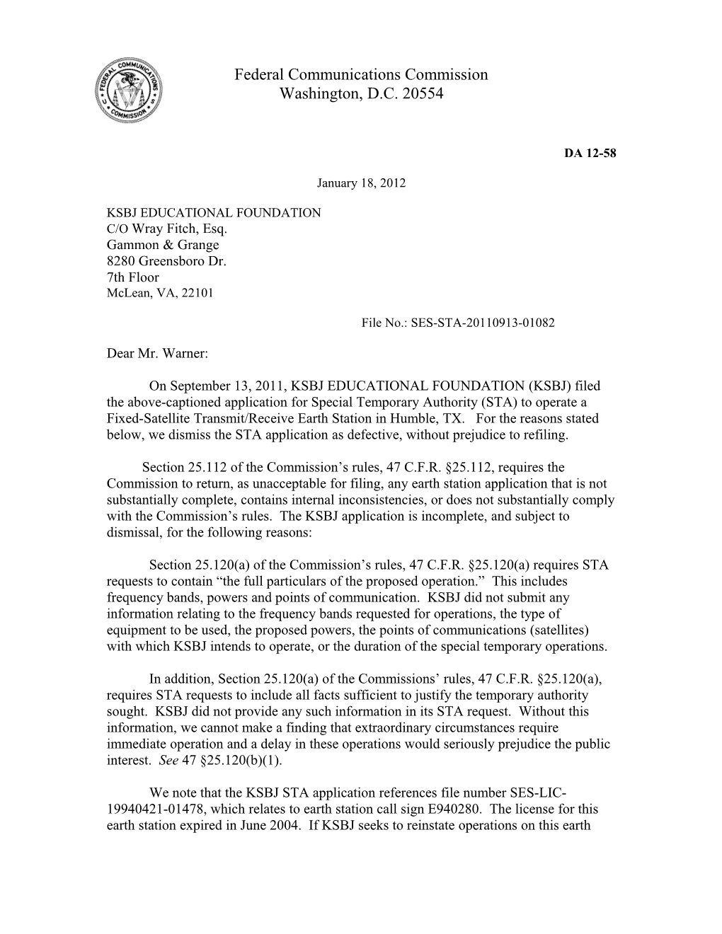 Federal Communications Commission DA 12-58