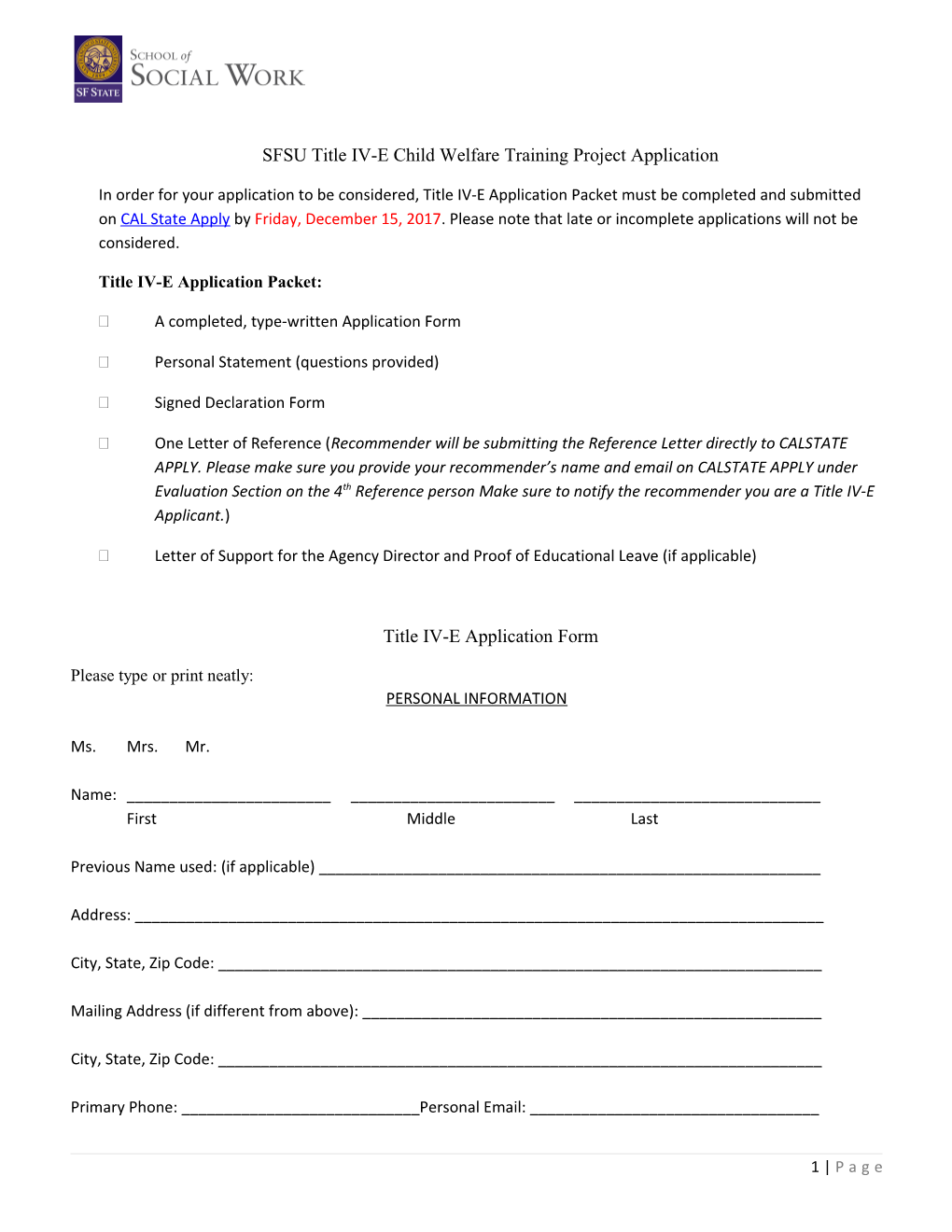 SFSU Title IV-E Child Welfare Training Project Application