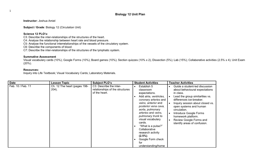 Biology 12 Unit Plan