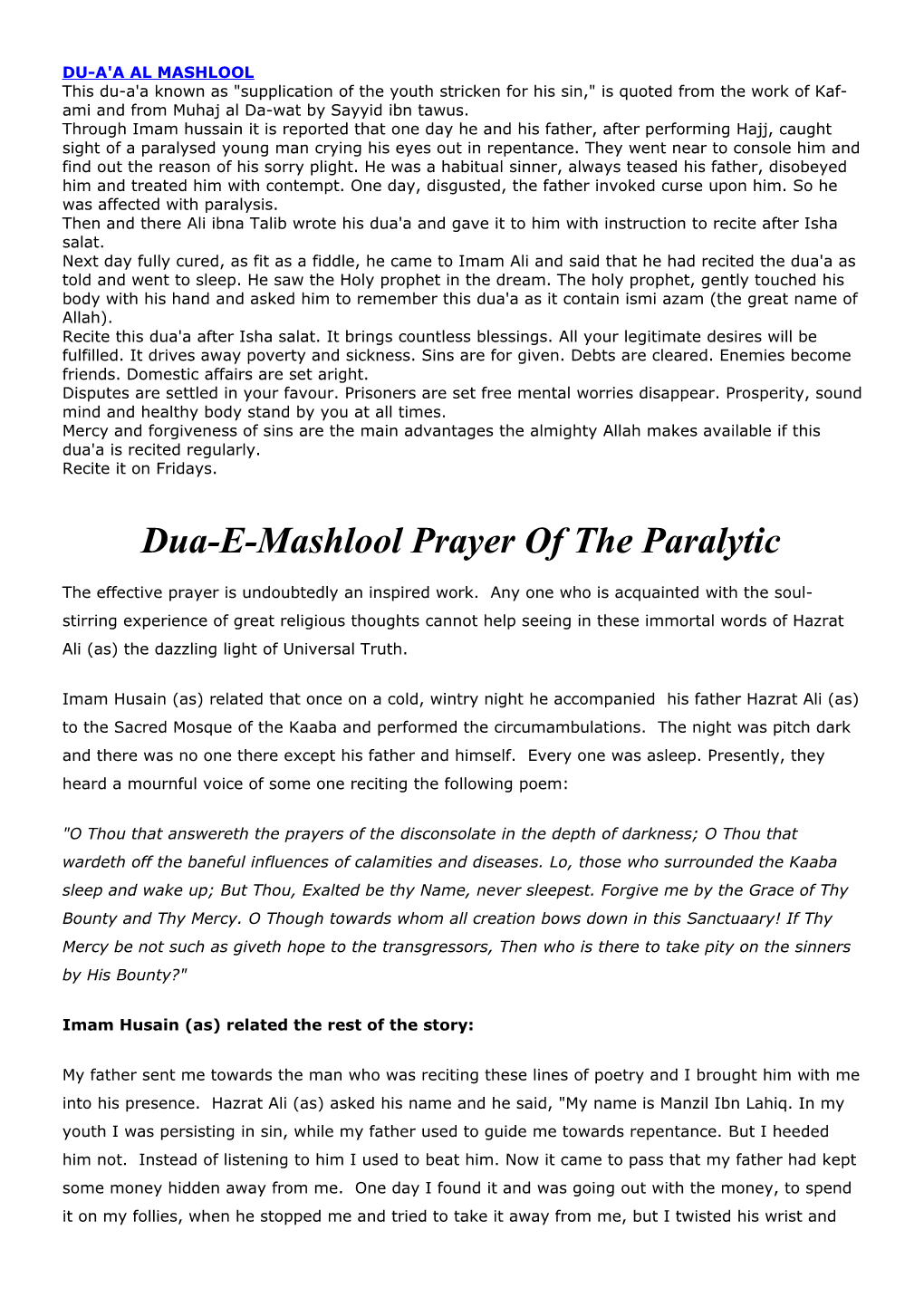 Dua-E-Mashlool Prayer of the Paralytic