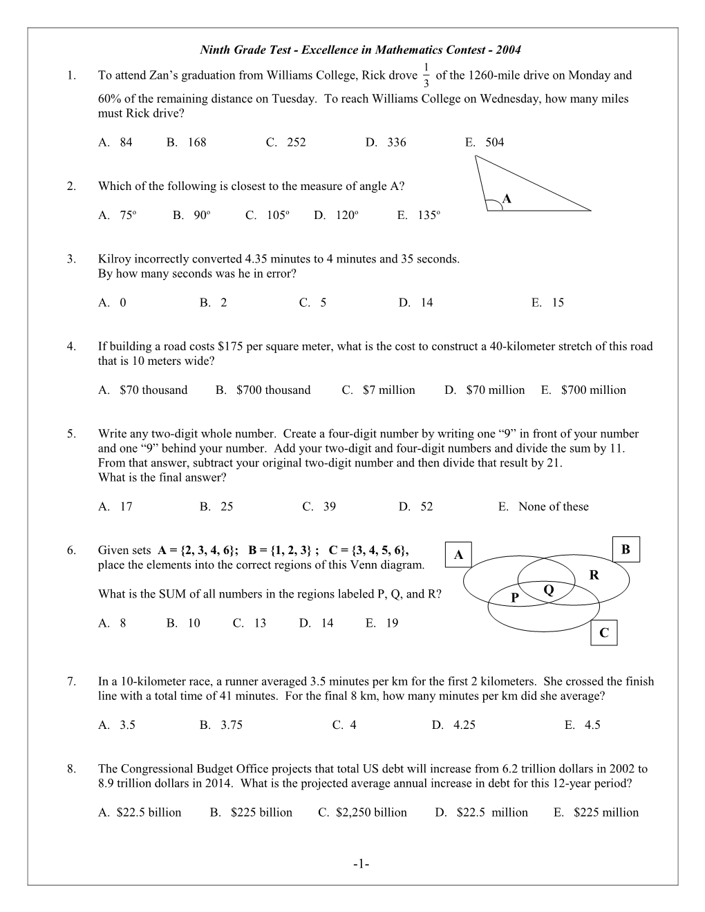 Ninth Grade Test - Excellence in Mathematics Contest - 2004