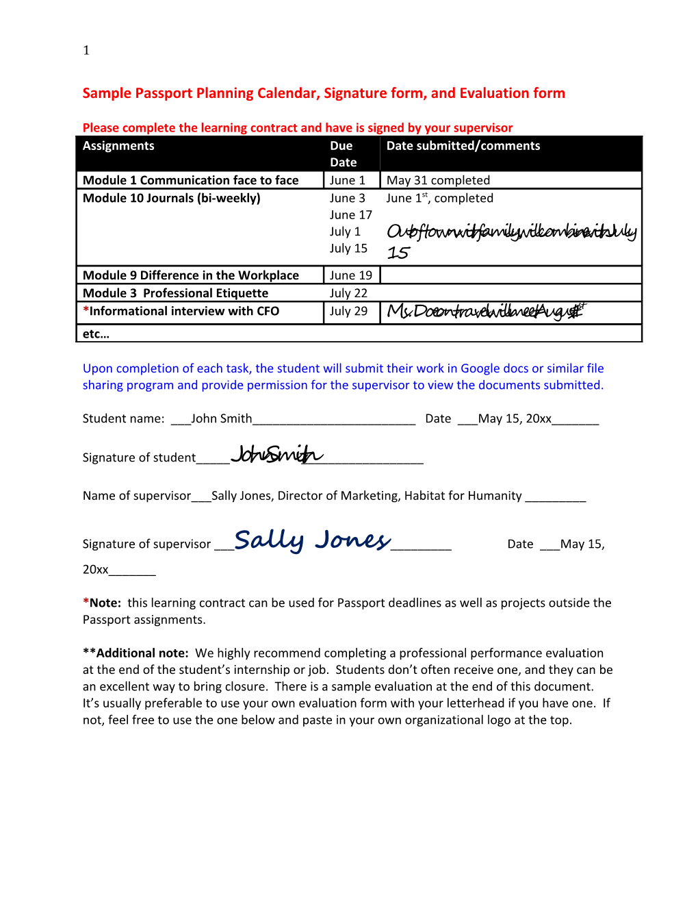 Sample Passport Planning Calendar, Signature Form, and Evaluation Form