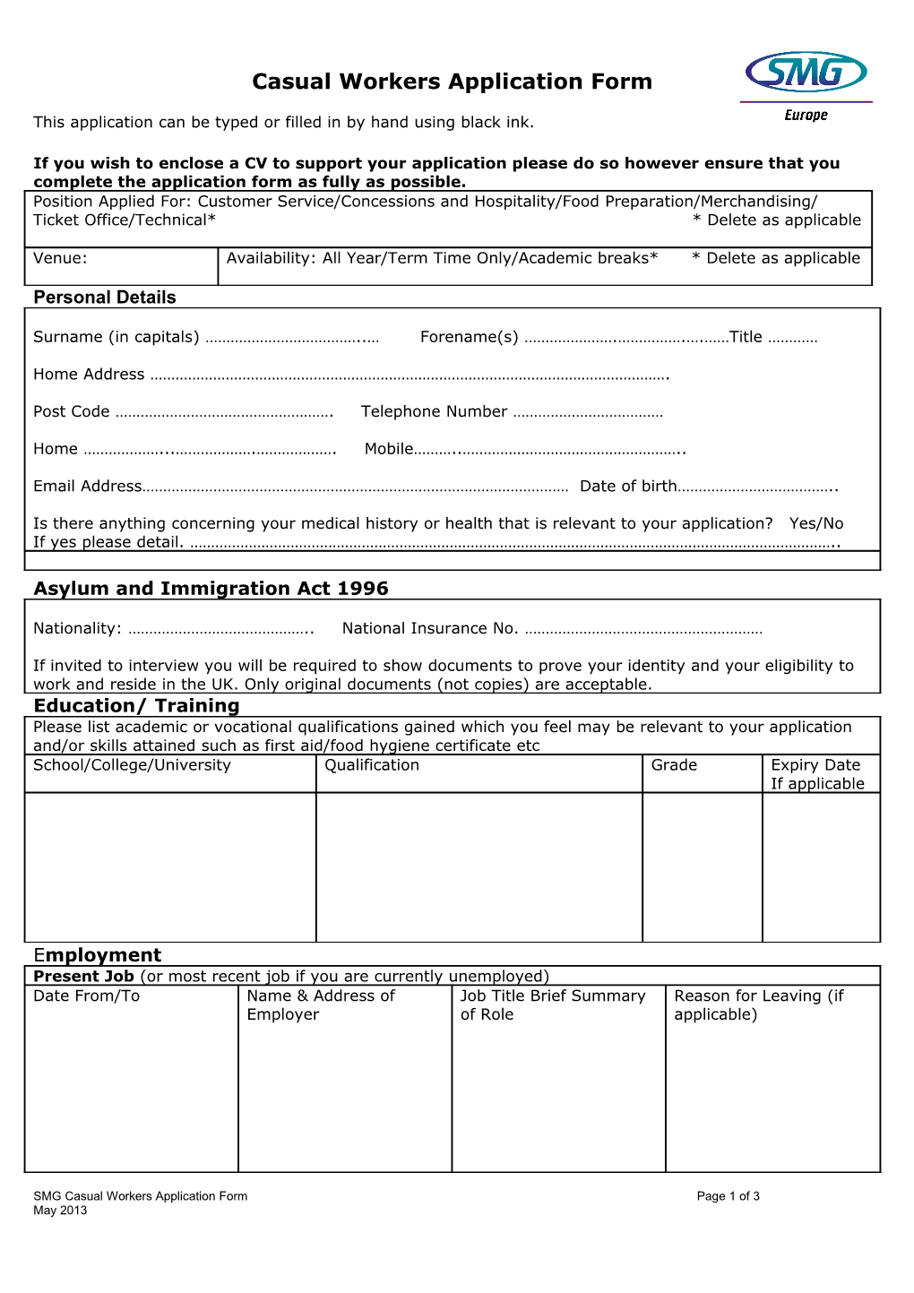 Casual Workers Application Form