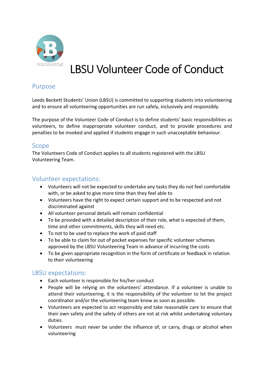 LBSU Volunteer Code of Conduct