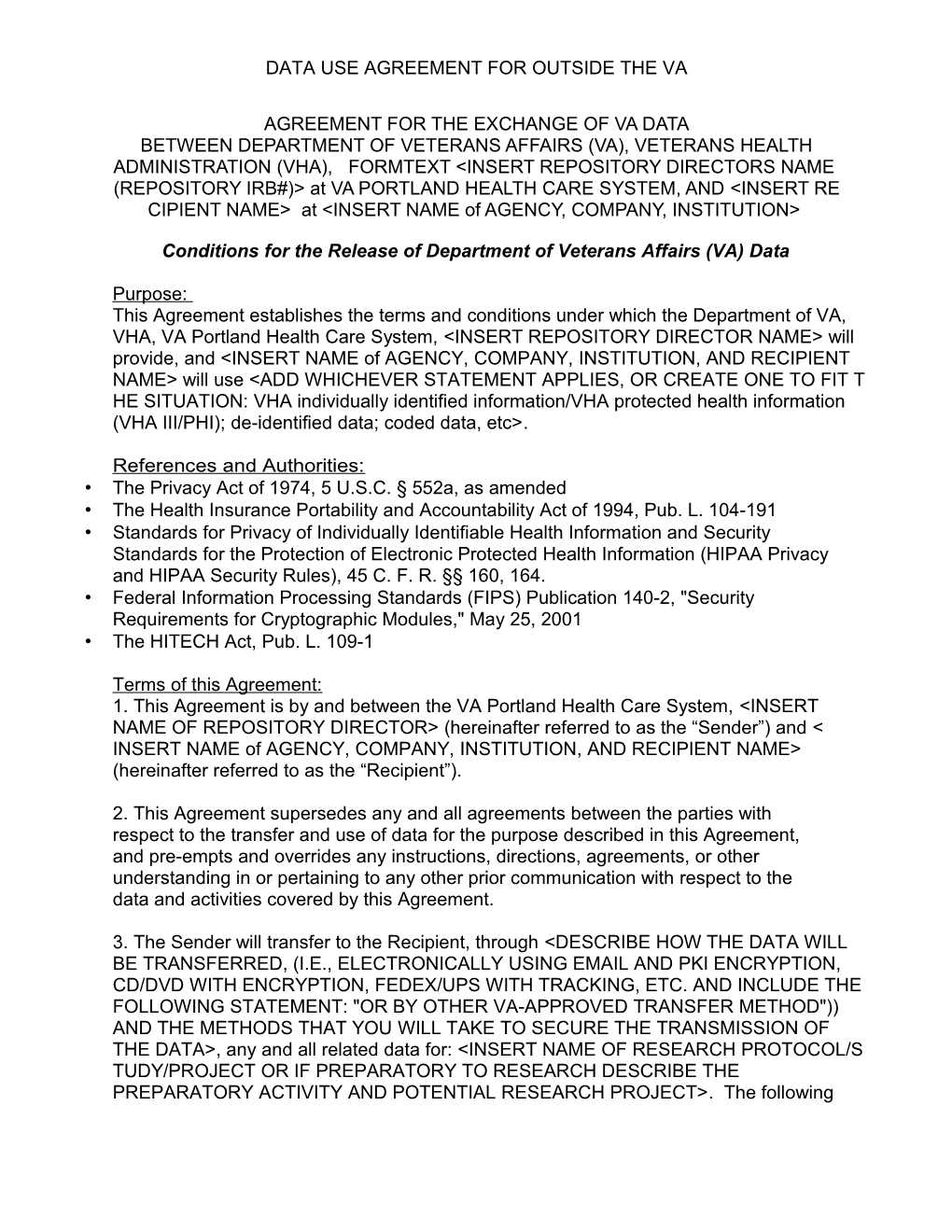 Instruction Sheet - VHA Data Transfer/Use Agreements