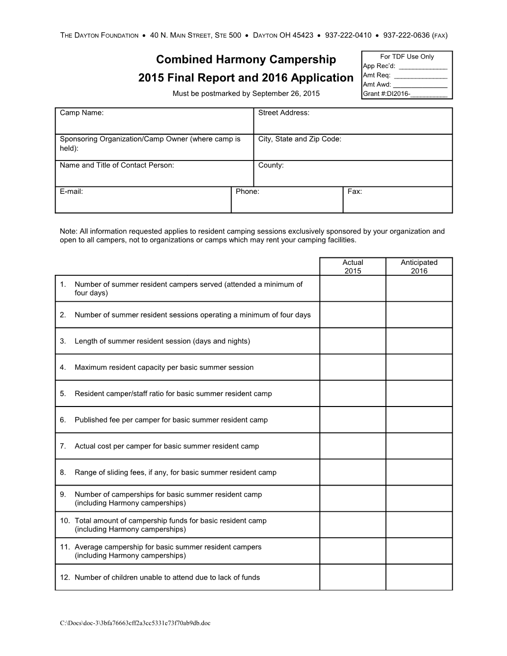 1999 Harmony Fund Campership Application