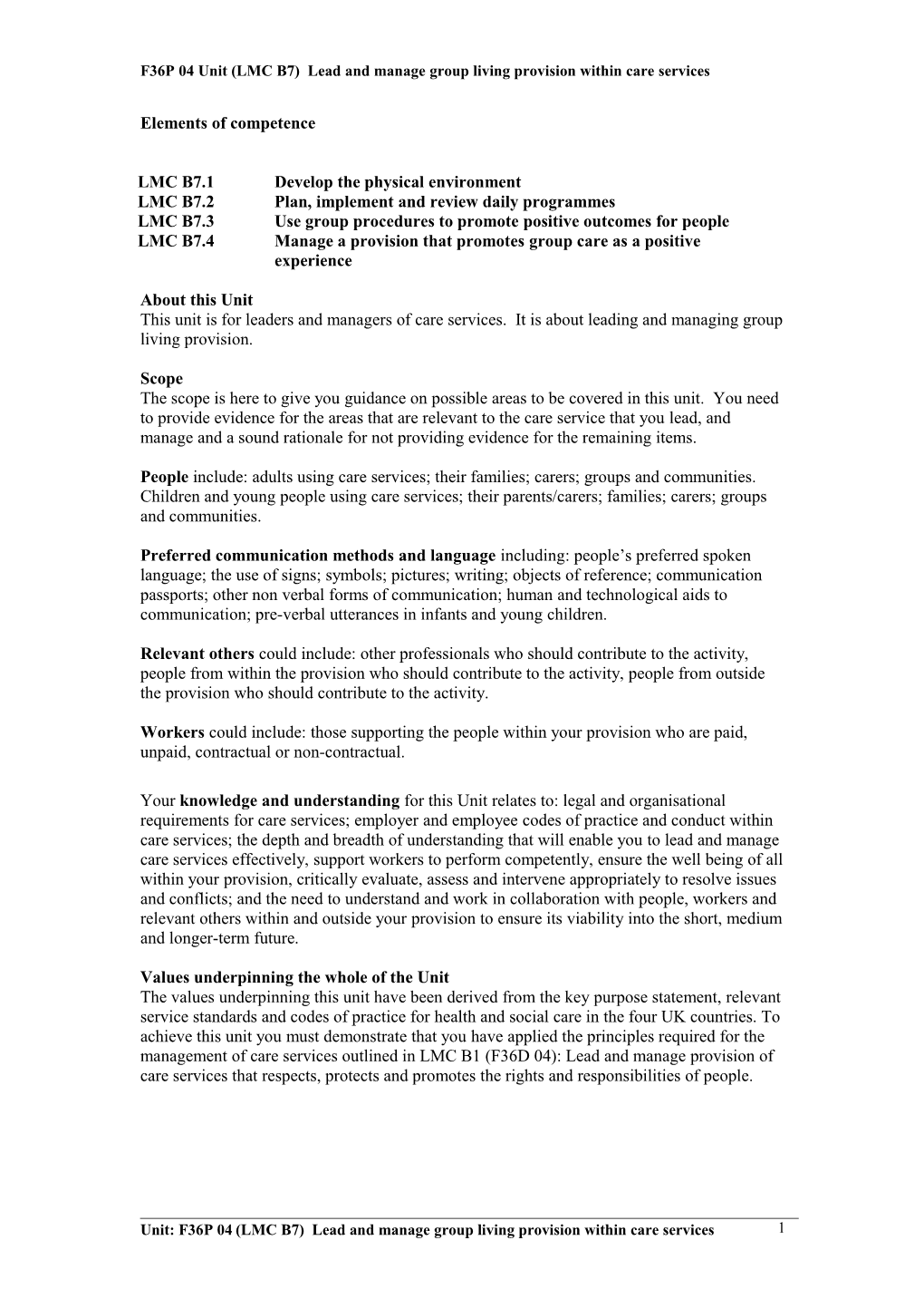 F36P 04Unit (LMC B7) Lead and Manage Group Living Provision Within Care Services