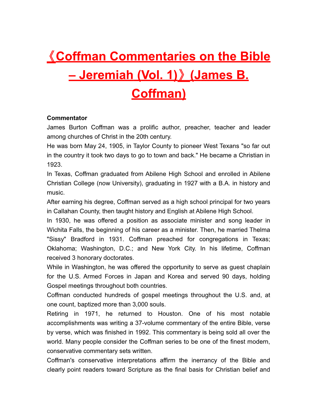 Coffman Commentaries on the Bible Jeremiah (Vol. 1) (James B. Coffman)