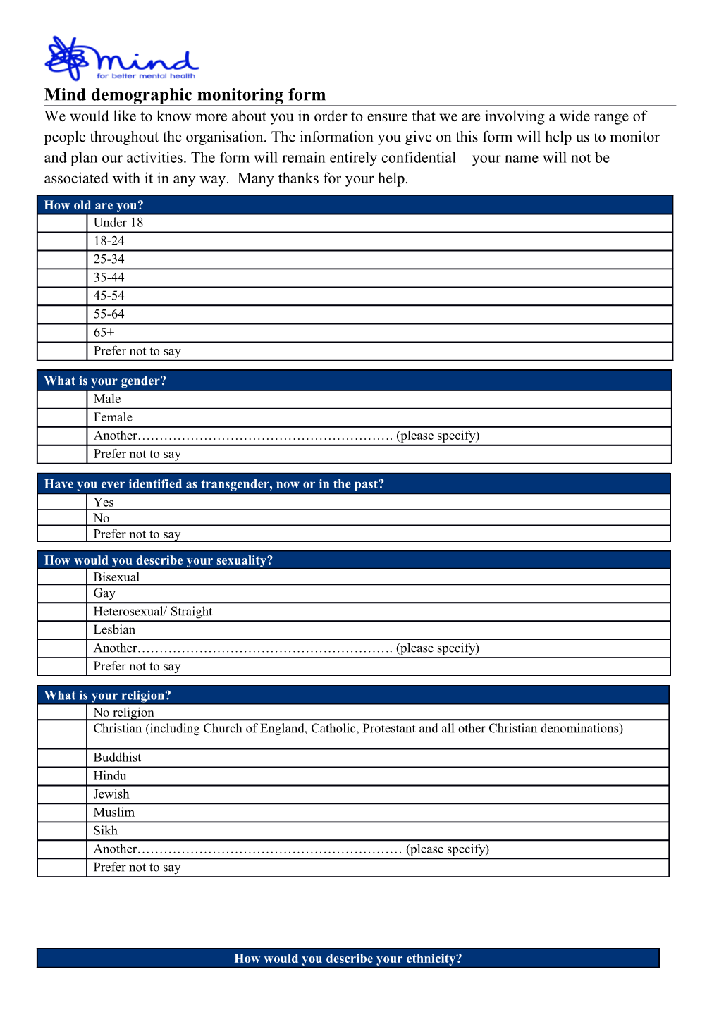 Mind Demographic Monitoring Form