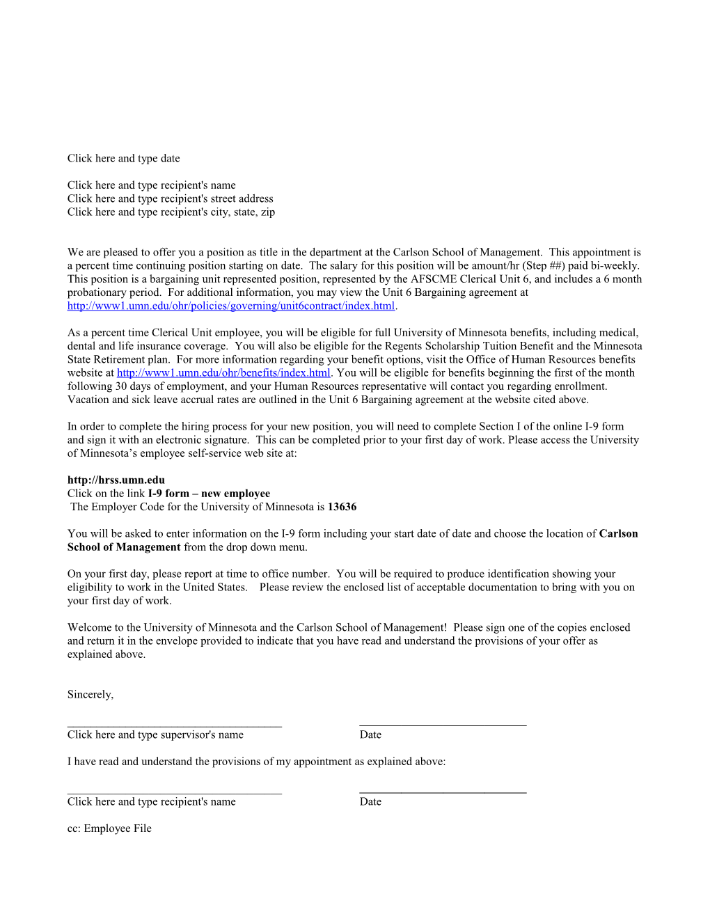 Bargaining Unit Offer Letter
