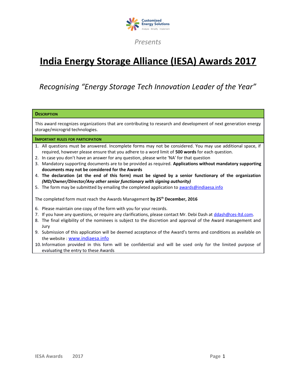 India Energy Storage Alliance (IESA) Awards 2017