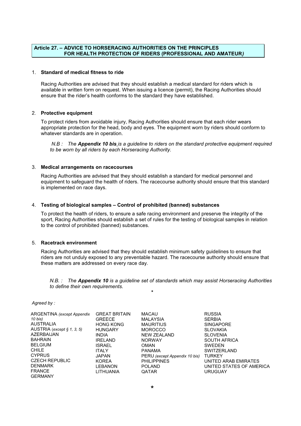 Article 27. ADVICE to HORSERACING AUTHORITIES on the PRINCIPLES for HEALTH PROTECTION