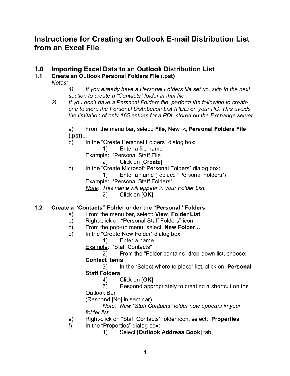 Instructions for Creating an Outlook E-Mail Distribution List from an Excel File