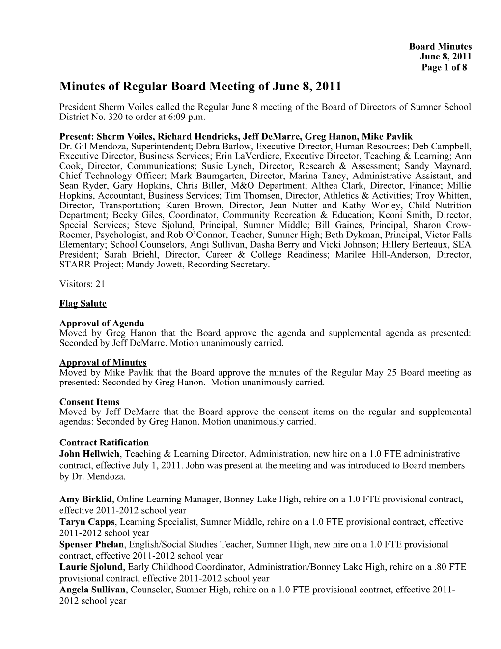 Minutes of Regular Board Meeting of June 8, 2011