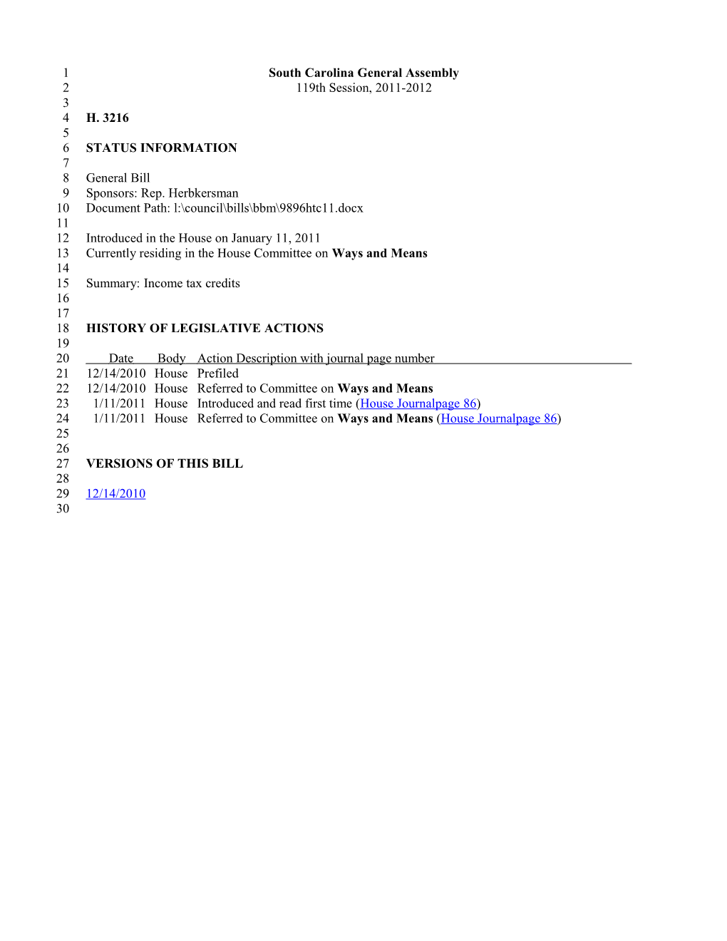 2011-2012 Bill 3216: Income Tax Credits - South Carolina Legislature Online