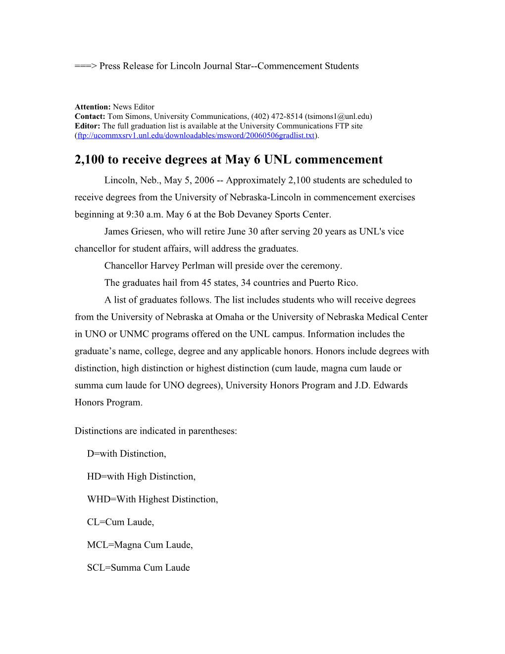 Press Release for Lincoln Journal Star Commencement Students