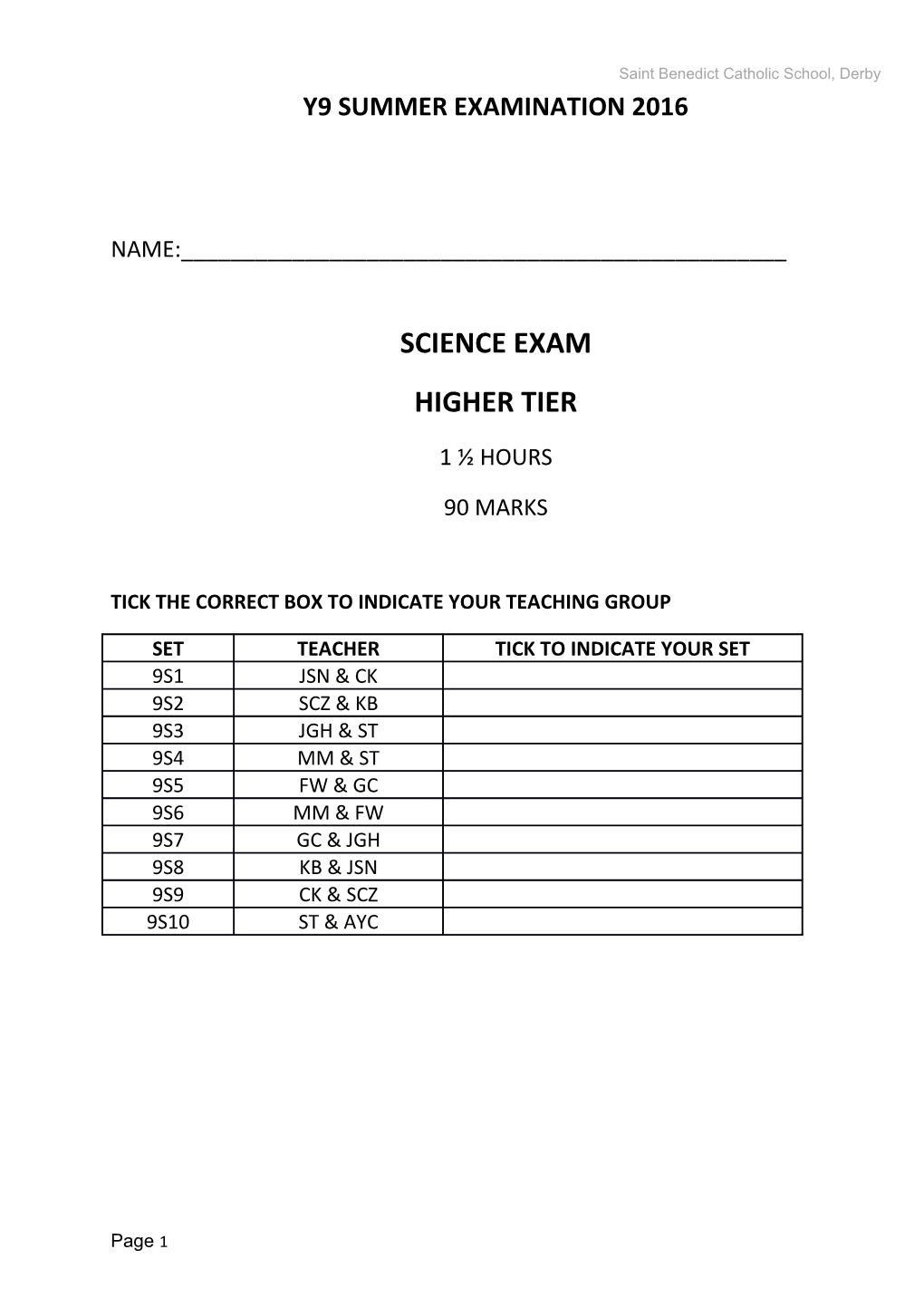 Tick the Correct Box to Indicate Your Teaching Group