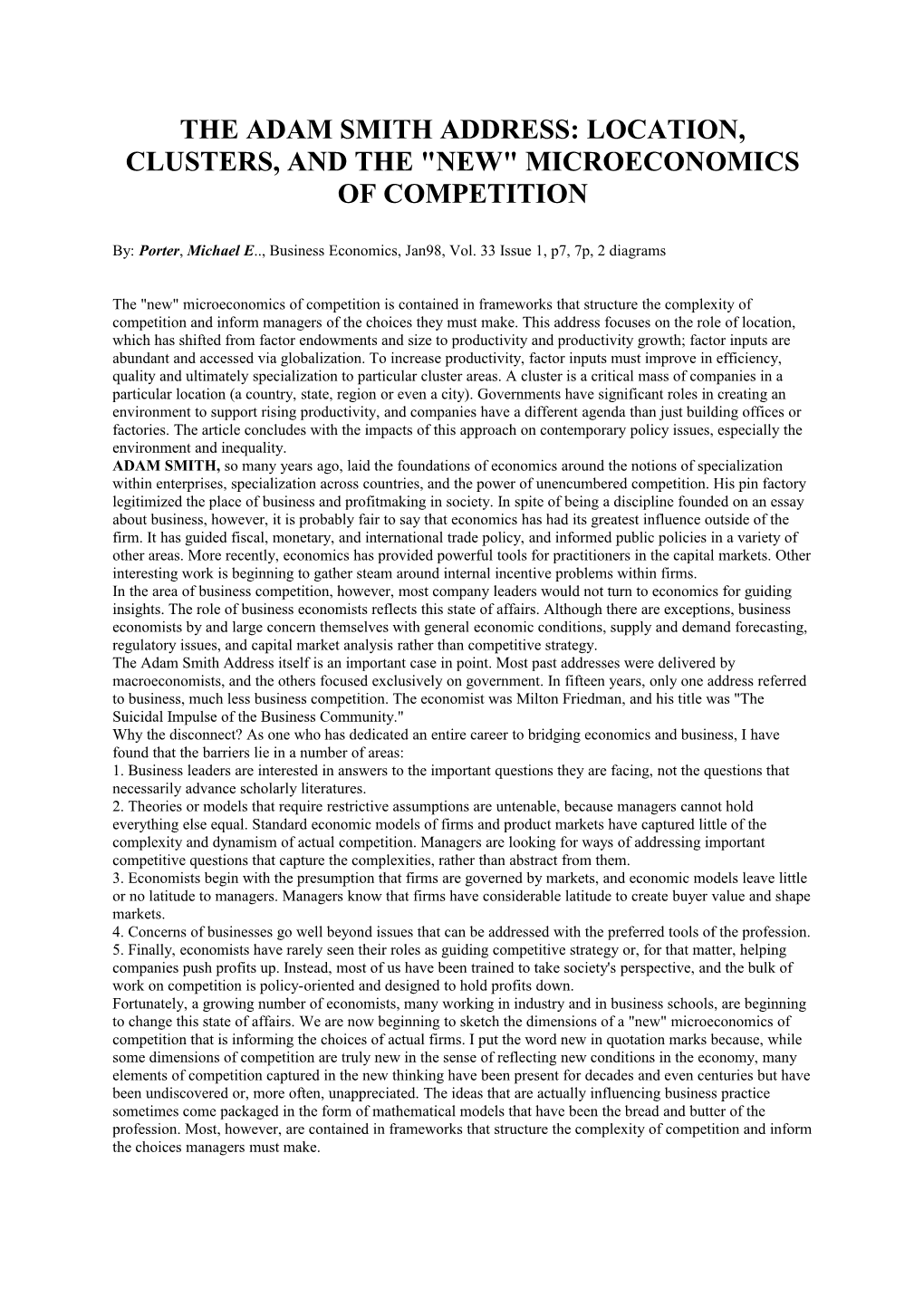 The Adam Smith Address: Location, Clusters, and the New Microeconomics of Competition