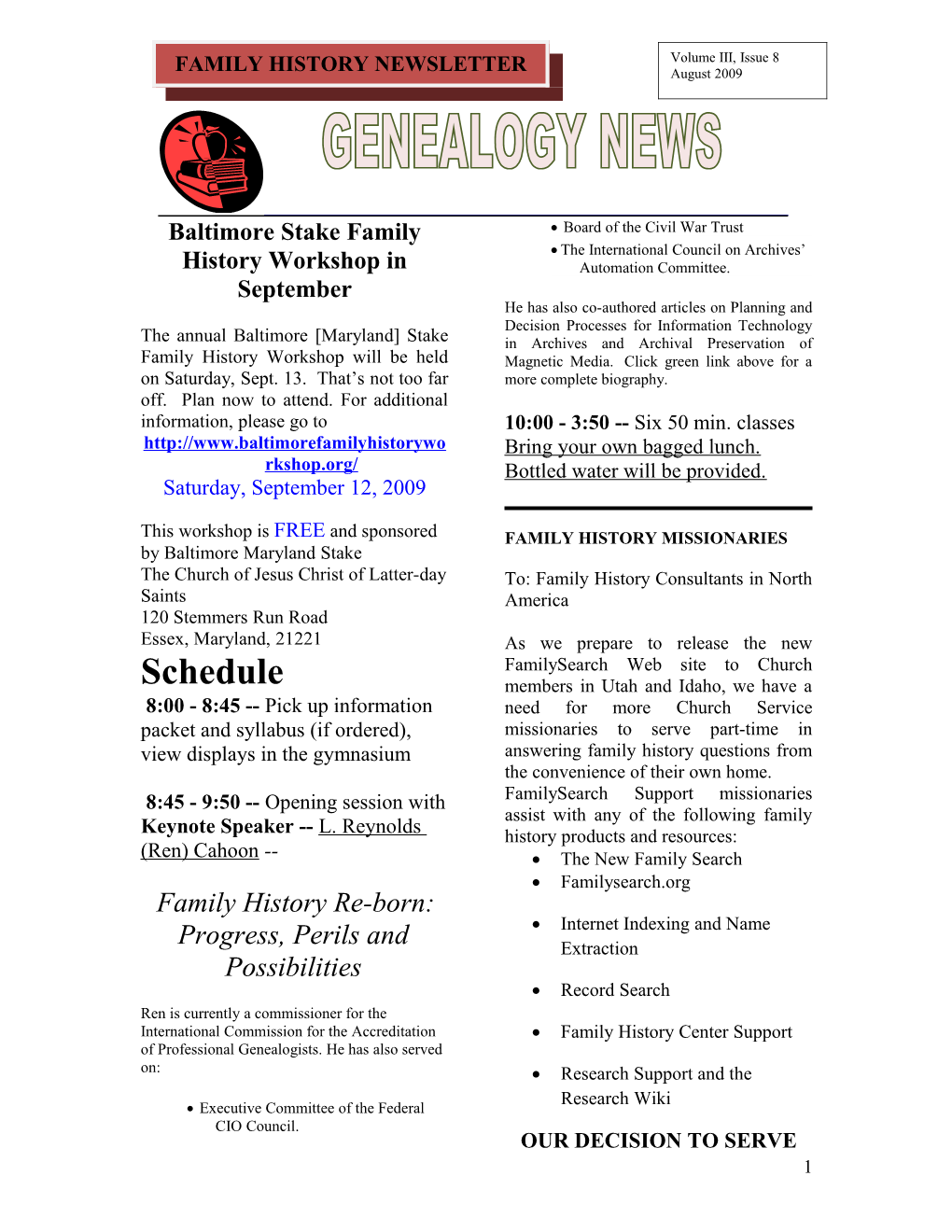 Baltimore Stake Family History Workshop in September