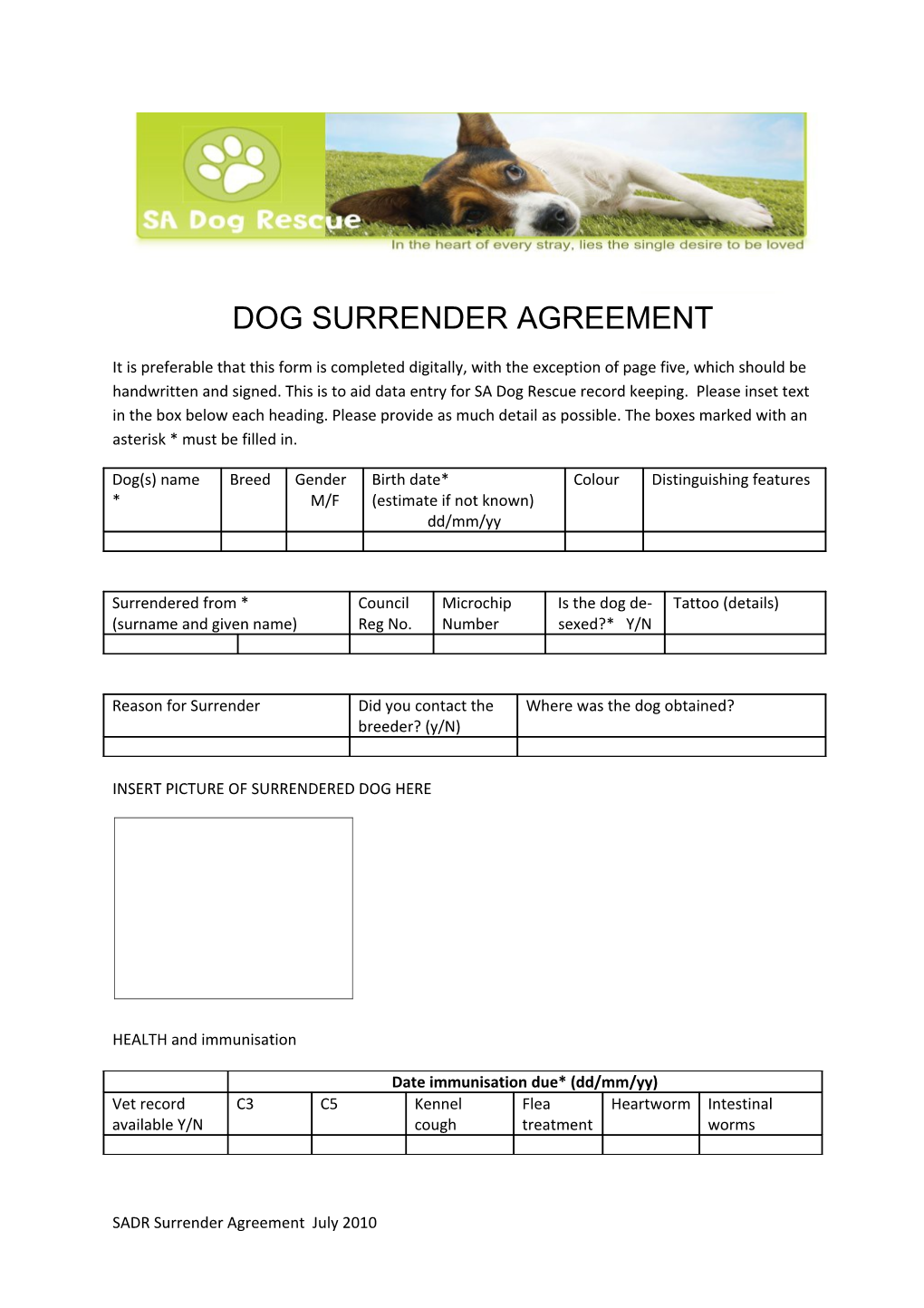 Dog Surrender Agreement