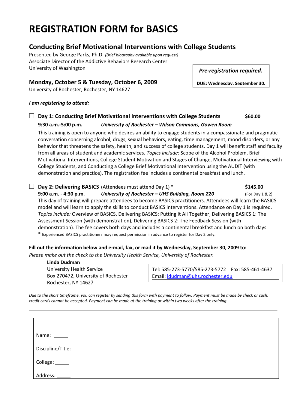 REGISTRATION FORM for BASICS