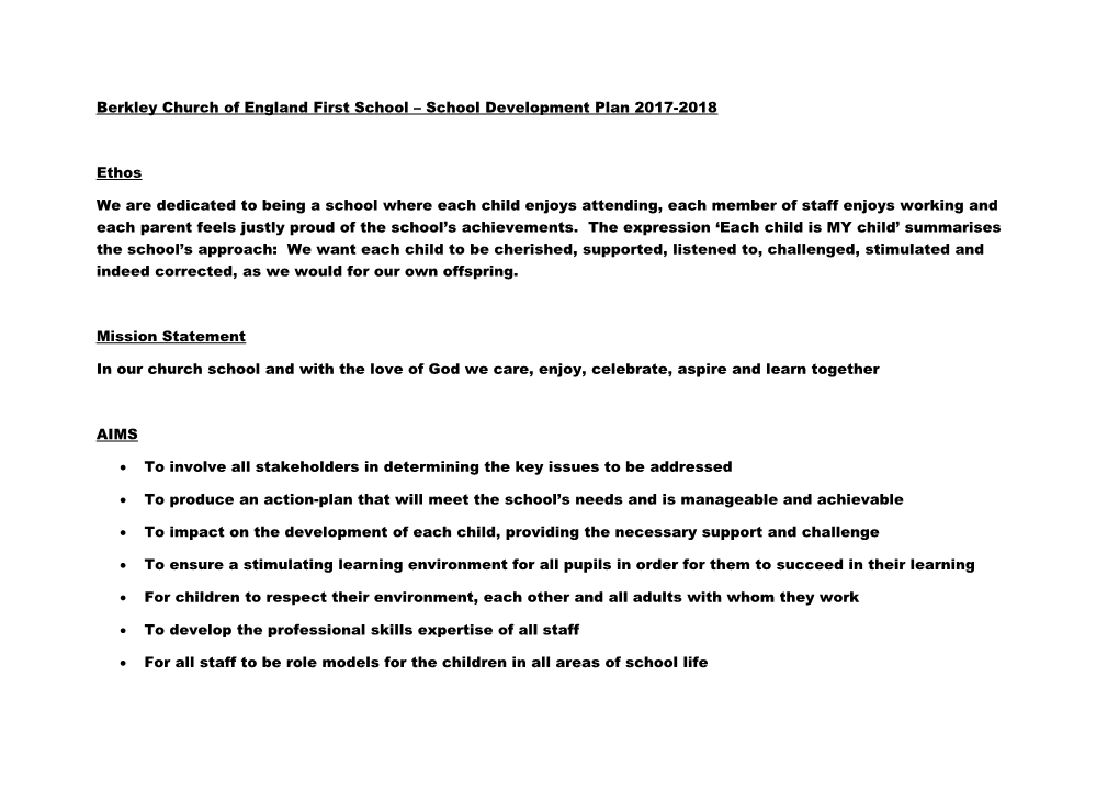 Berkley Church of England First School School Development Plan 2017-2018