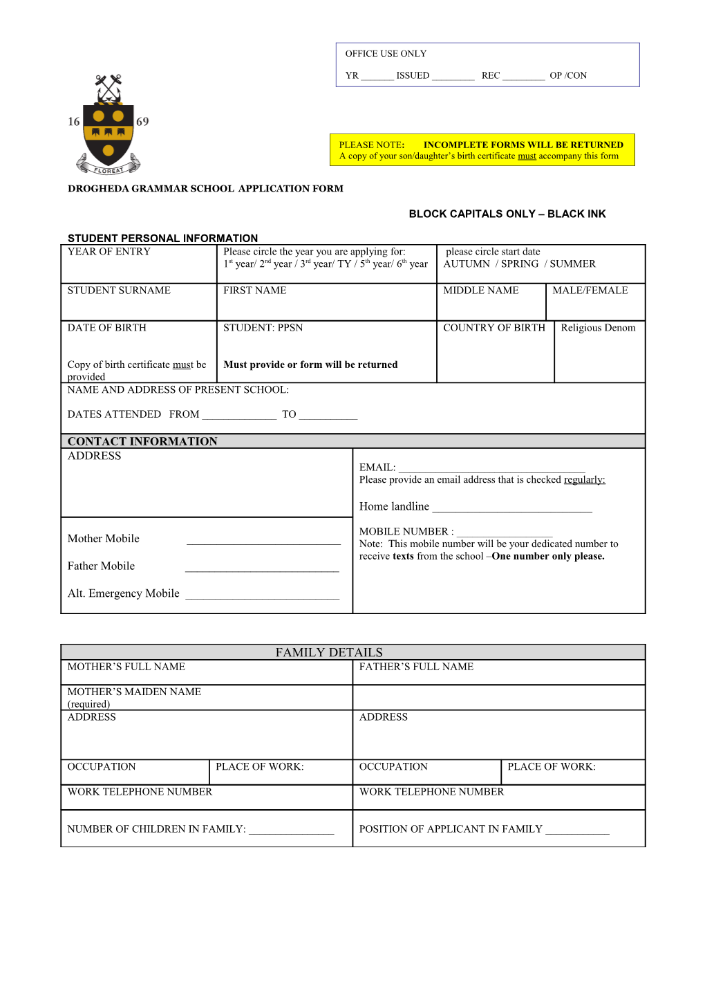 Drogheda Grammar Schoolapplication Form