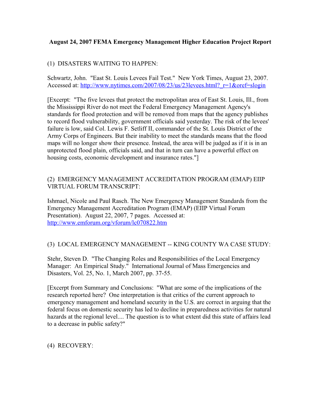 August 24, 2007 FEMA Emergency Management Higher Education Project Report