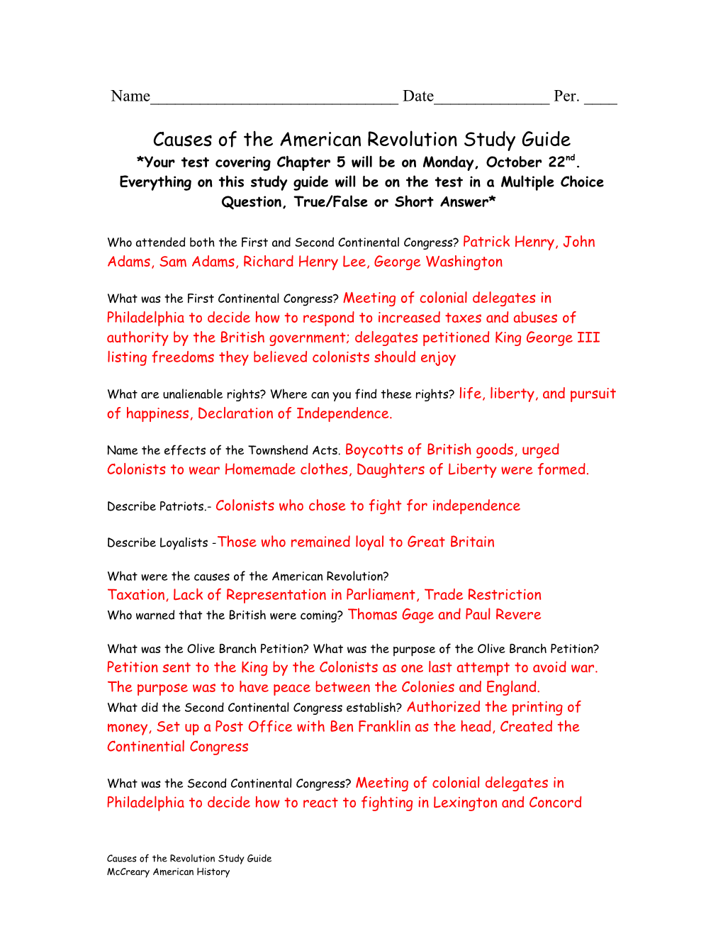 Causes of the American Revolution Study Guide