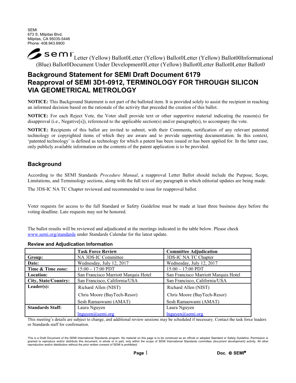 Background Statement for SEMI Draft Document 6179