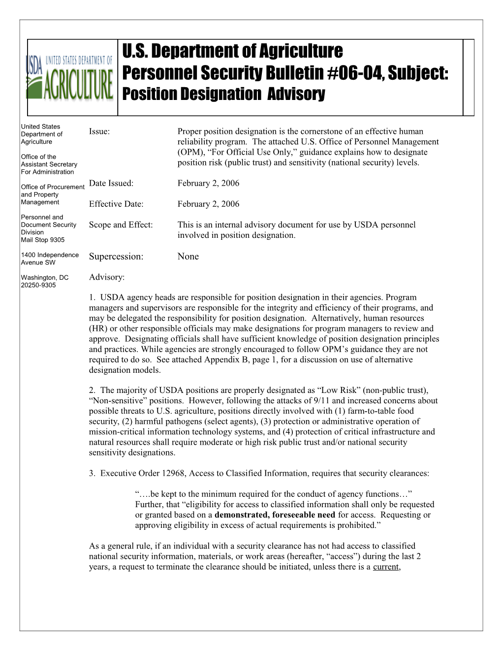 U.S. Department of Agriculture Personnel Security Bulletin #06-04, Subject: Position Designation