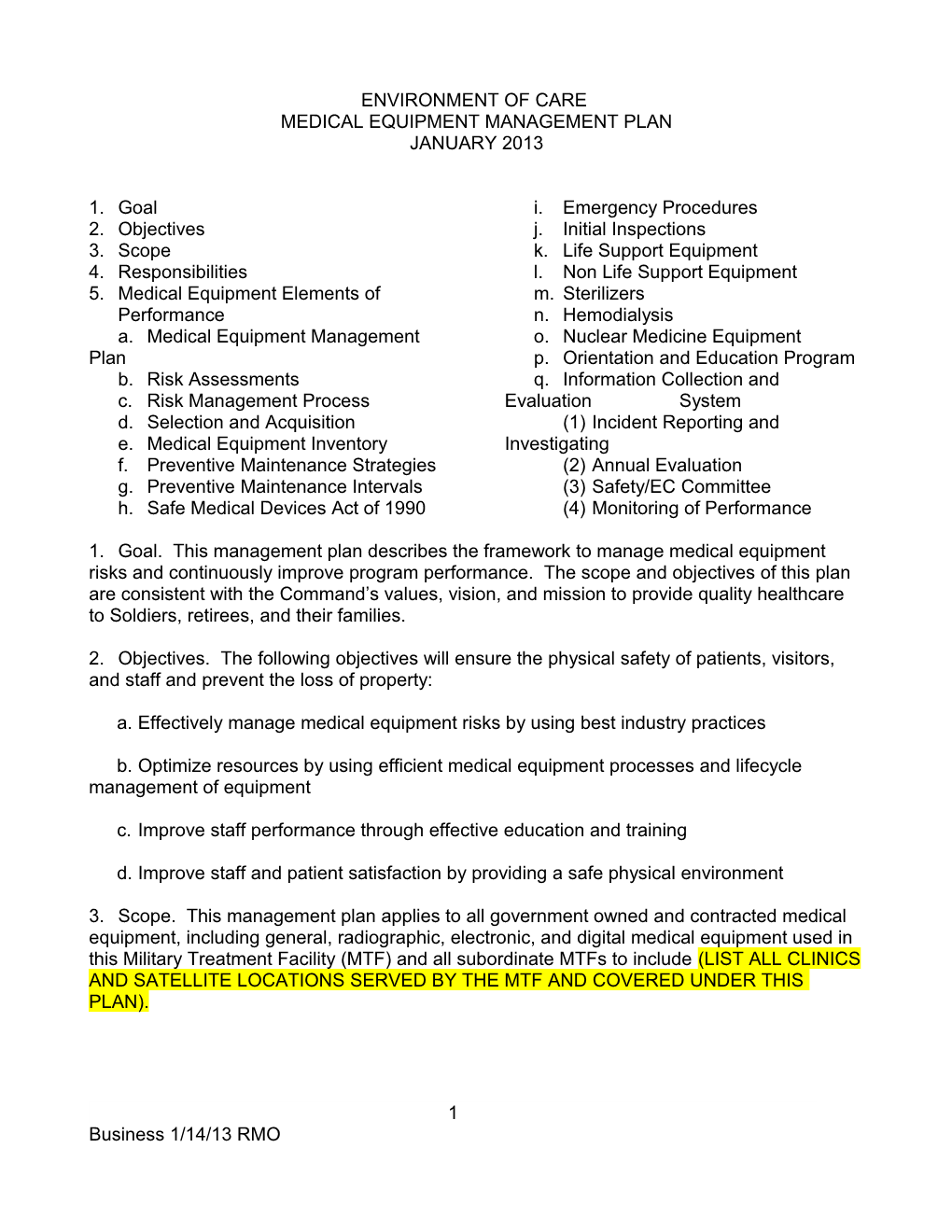 Medical Safety Template, 2013, Business, EOC Medical Equipment Management Plan