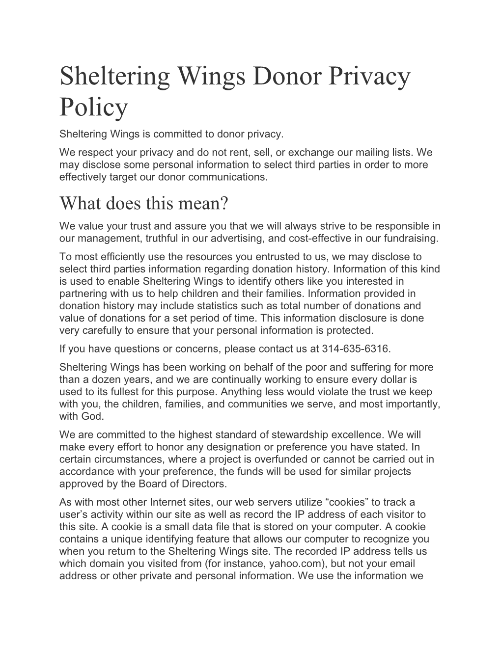 Sheltering Wings Donor Privacy Policy