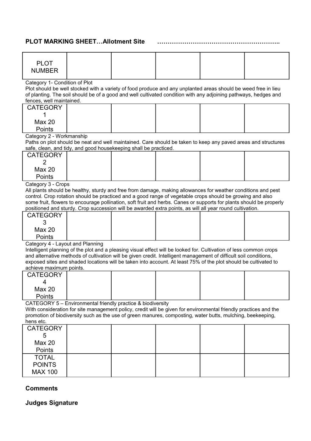 PLOT MARKING SHEET Allotment Site