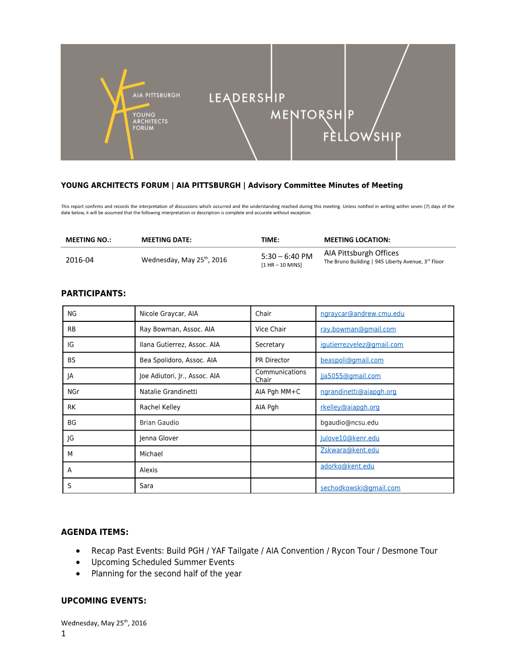 YOUNG ARCHITECTS FORUM AIA PITTSBURGH Advisory Committee Minutes of Meeting