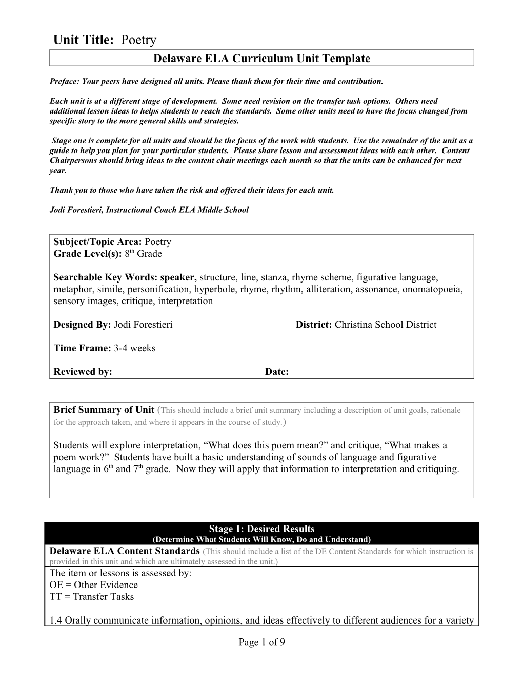 Delaware ELA Curriculum Unit Template