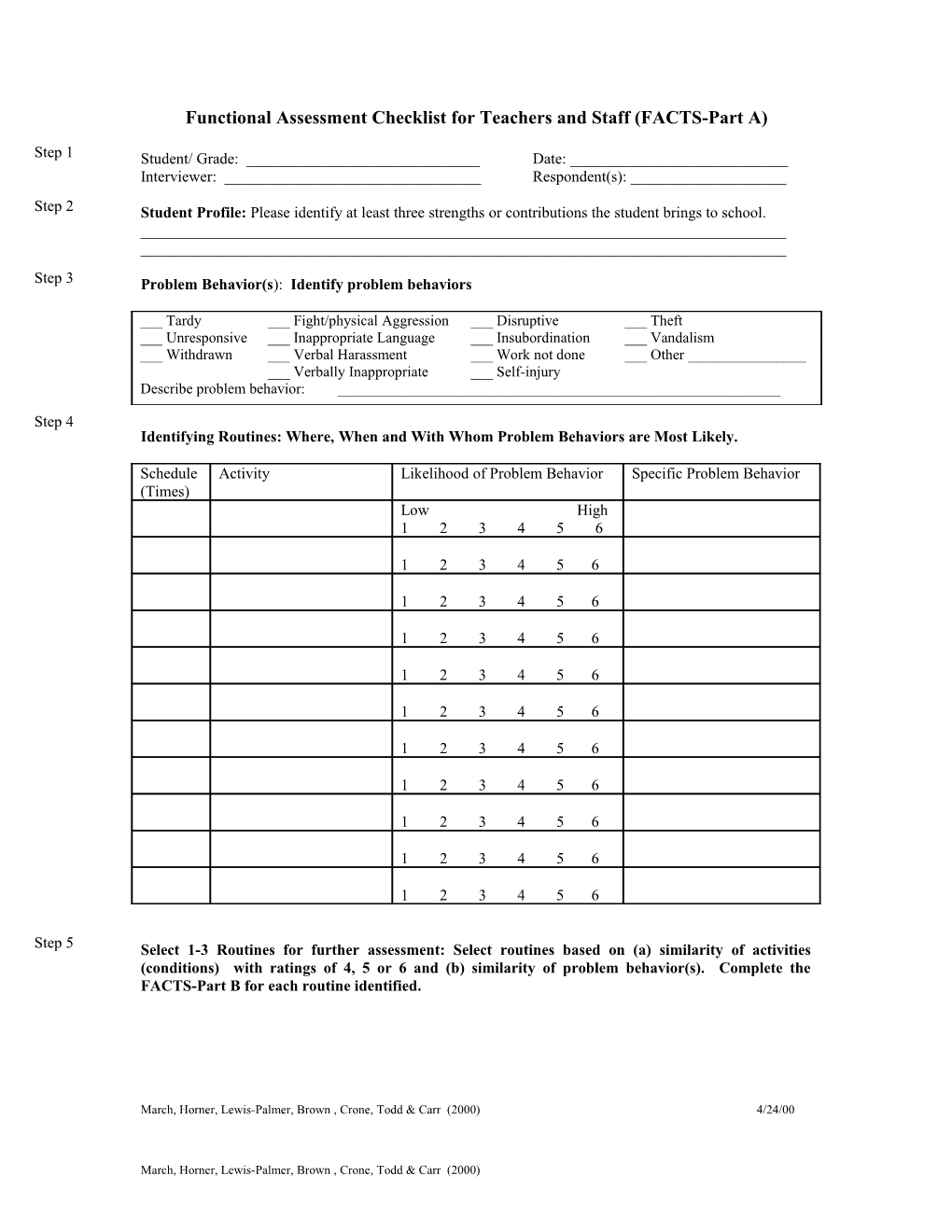 Functional Assessment Checklist for Teachers and Staff (FACTS-A)