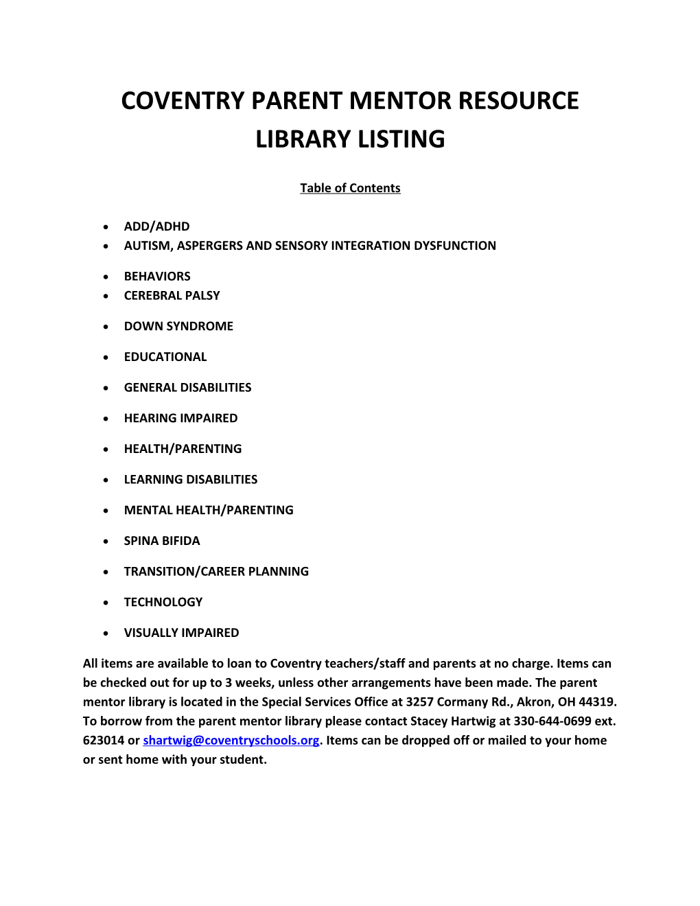 Coventry Parent Mentor Resource Library Listing