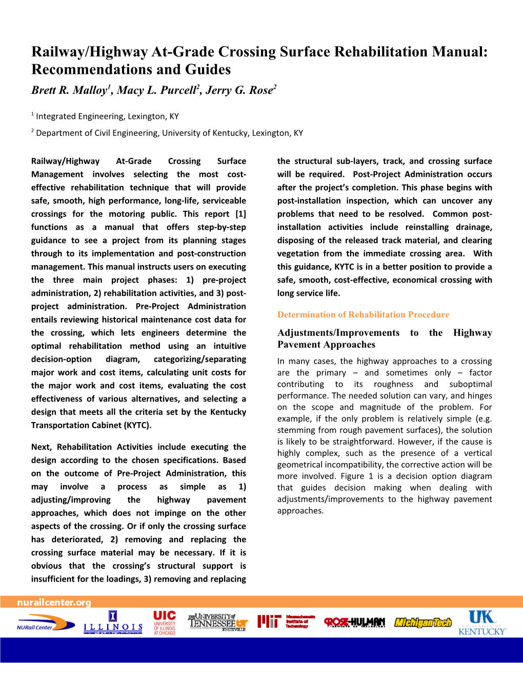 Railway/Highway At-Grade Crossing Surface Rehabilitation Manual: Recommendations and Guides