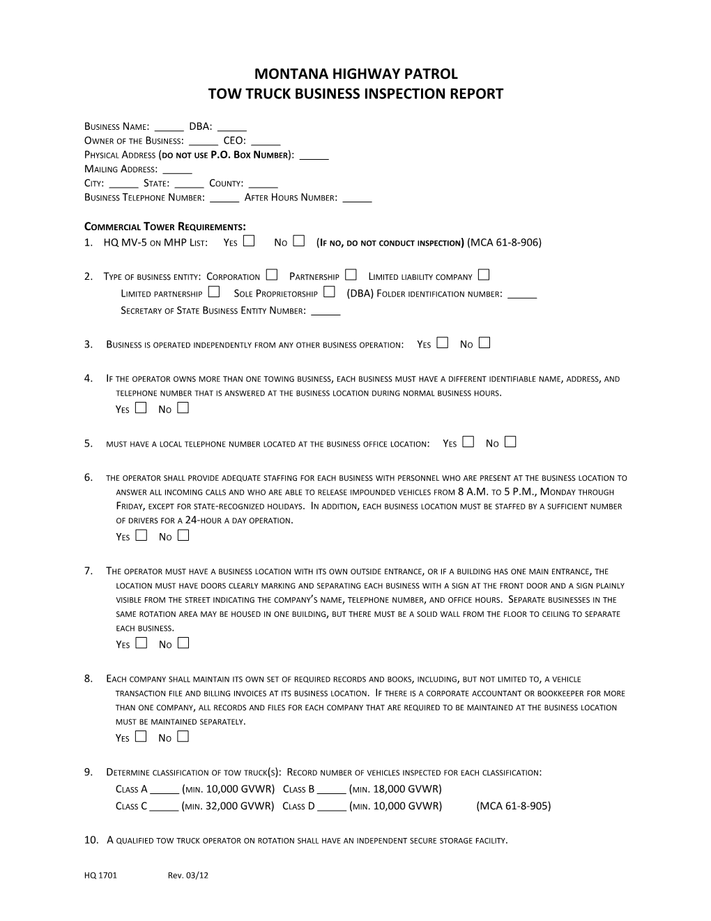 Tow Truck Business Inspection Report