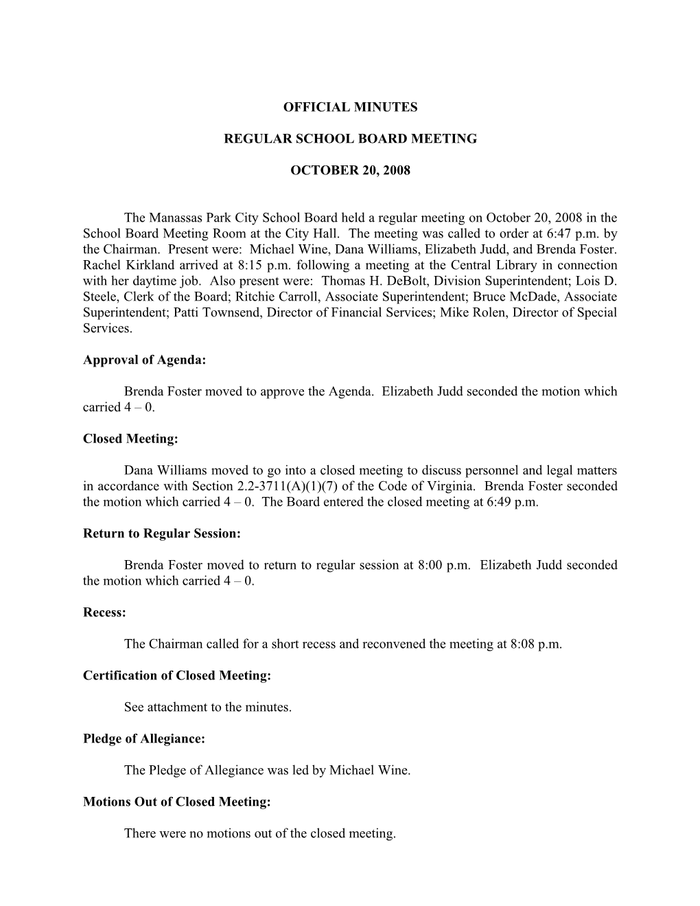 School Board Meeting on October 20, 2008 Page 1