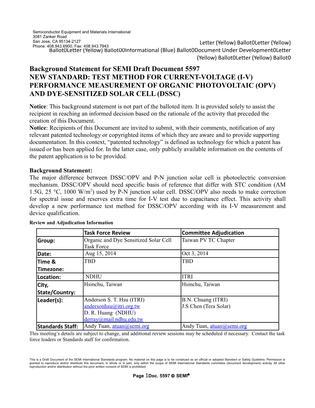 Background Statement for SEMI Draft Document 5533