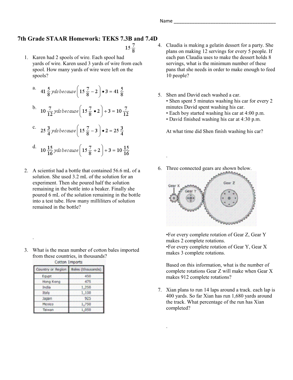 7Th Grade STAAR Homework: TEKS 7.3B and 7.4D