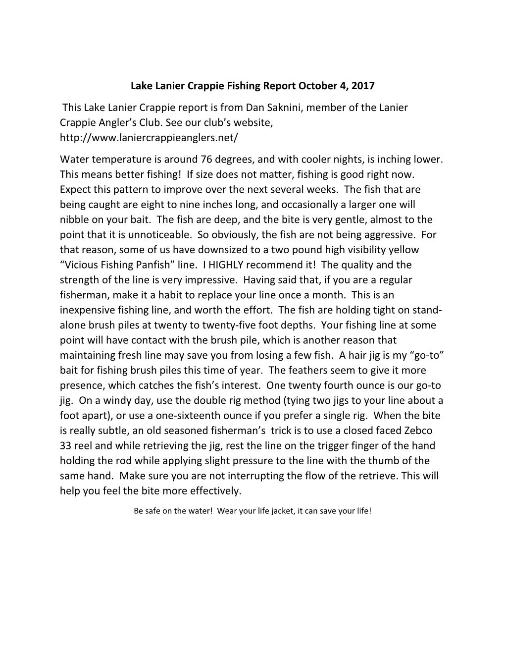 Lake Lanier Crappie Fishing Report October 4, 2017