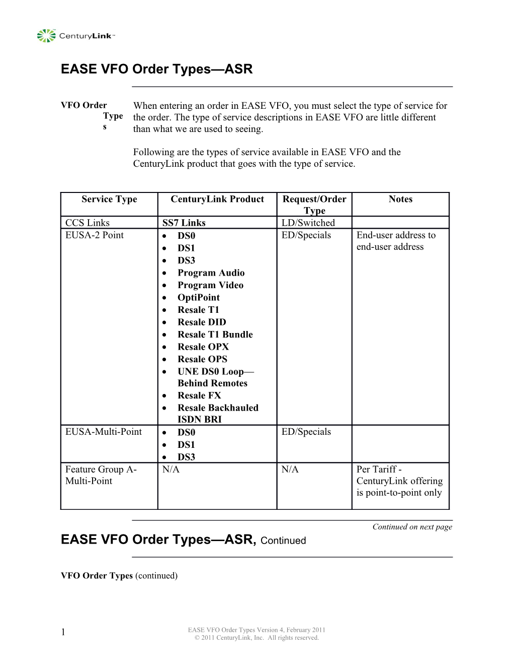 EASE VFO Order Types ASR