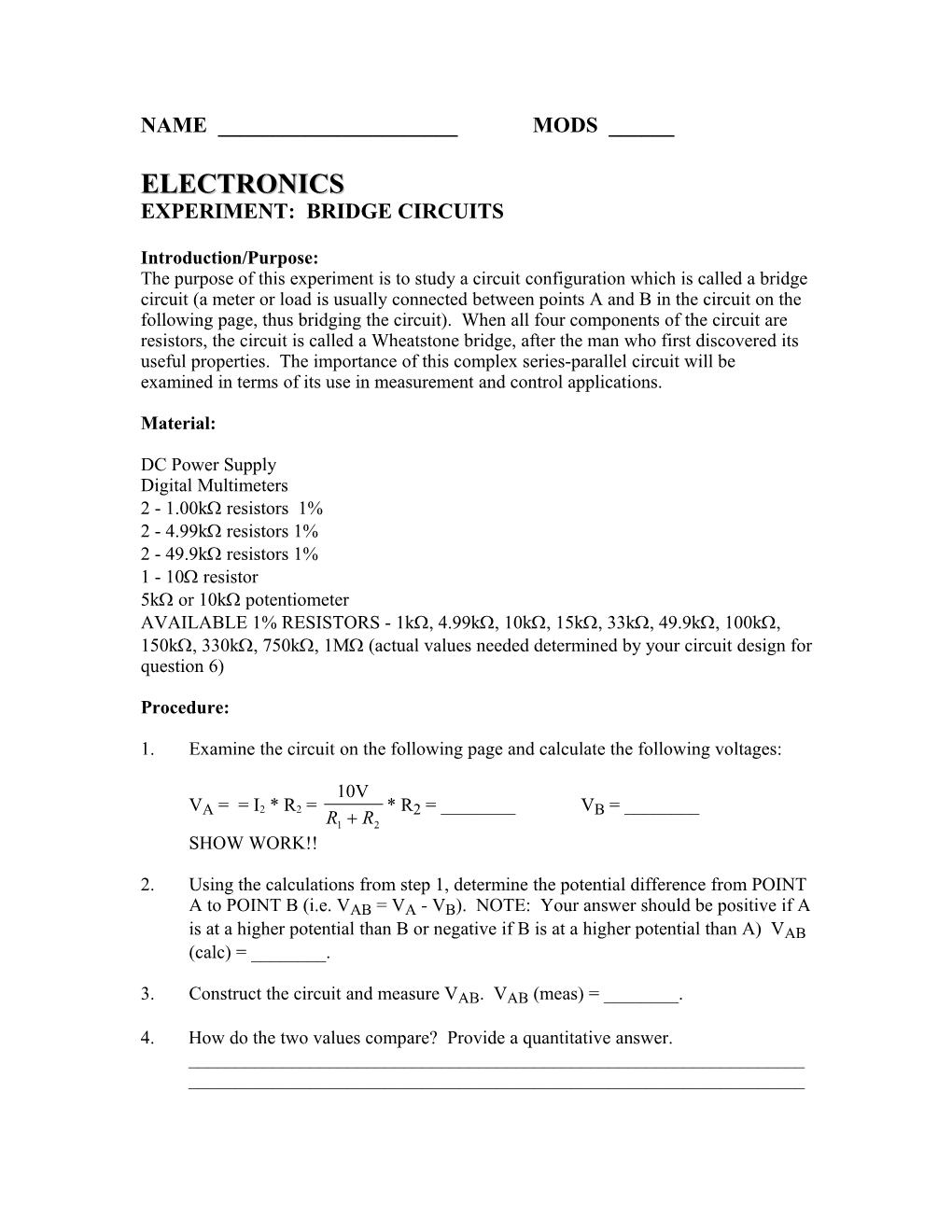 Experiment: Bridge Circuits