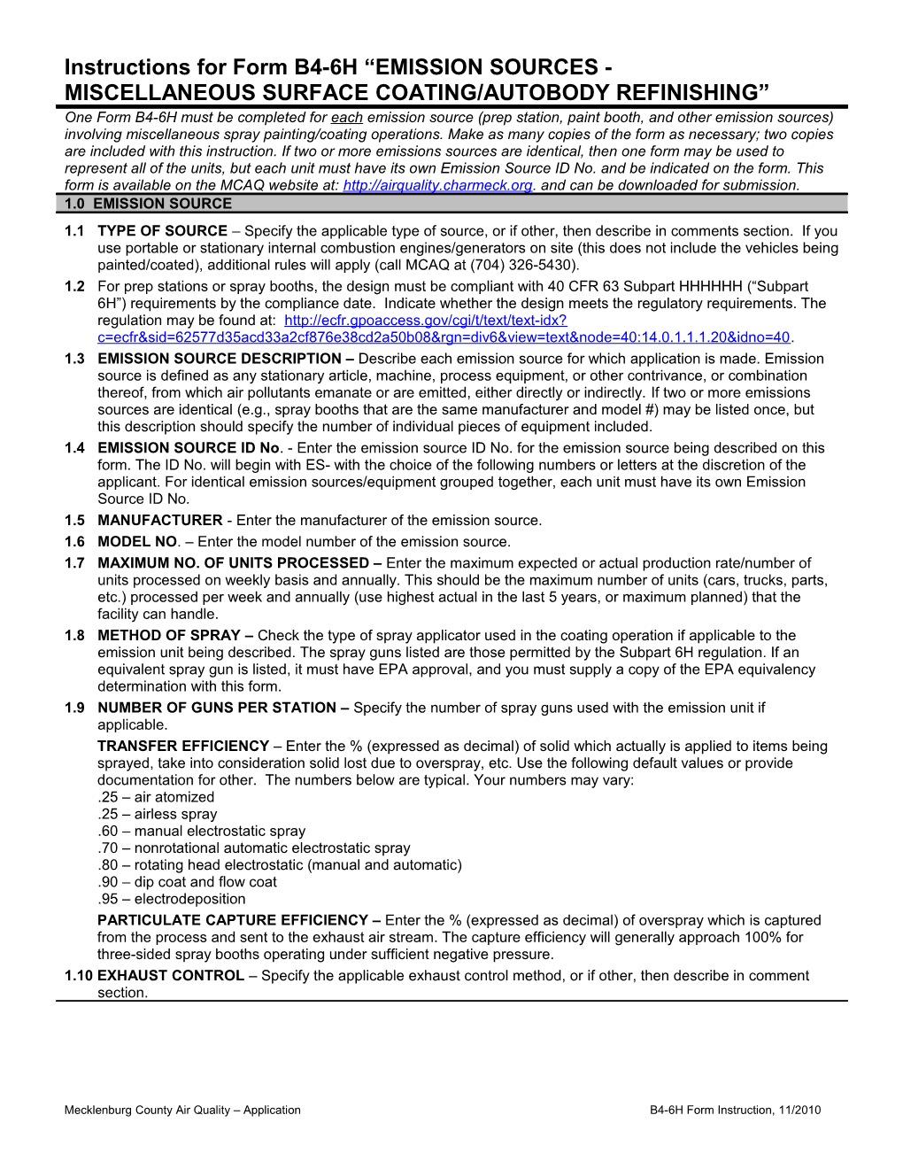 Instructions for Form B4-6H EMISSION SOURCES