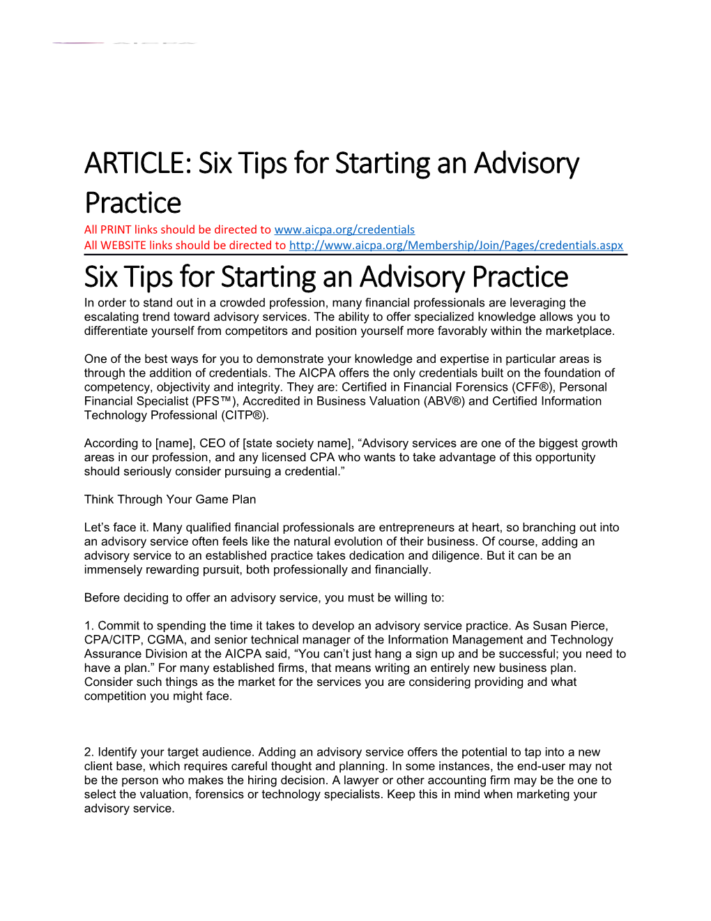ARTICLE: Six Tips for Starting an Advisory Practice